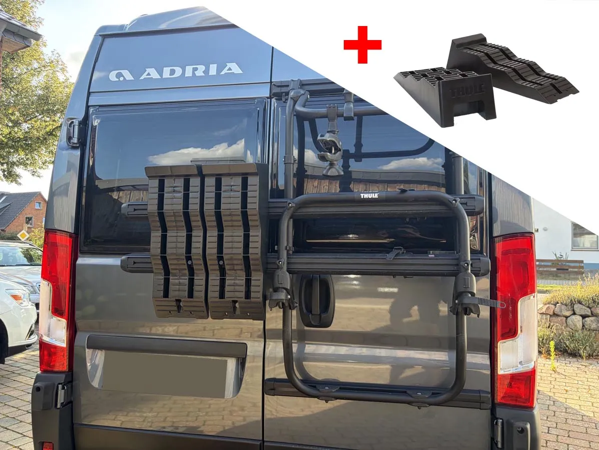 Thule Auffahrkeil Halter Halterung für Wohnmobil mit Thule Elite Van XT Heck-Fahrradträger - inkl. Auffahrkeile Thule